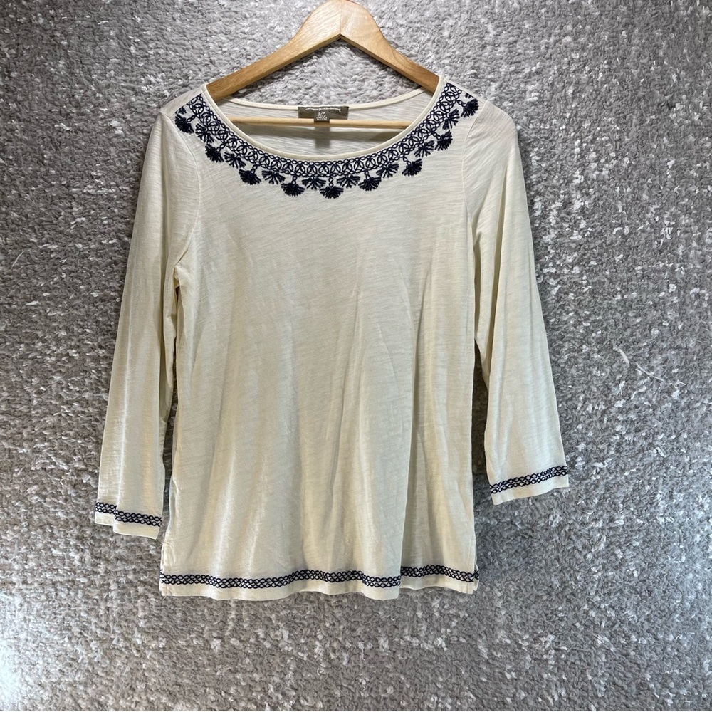 Tommy Bahama Women 3/4 Sleeve Tan/Beige Embroided Accents Small Cotton